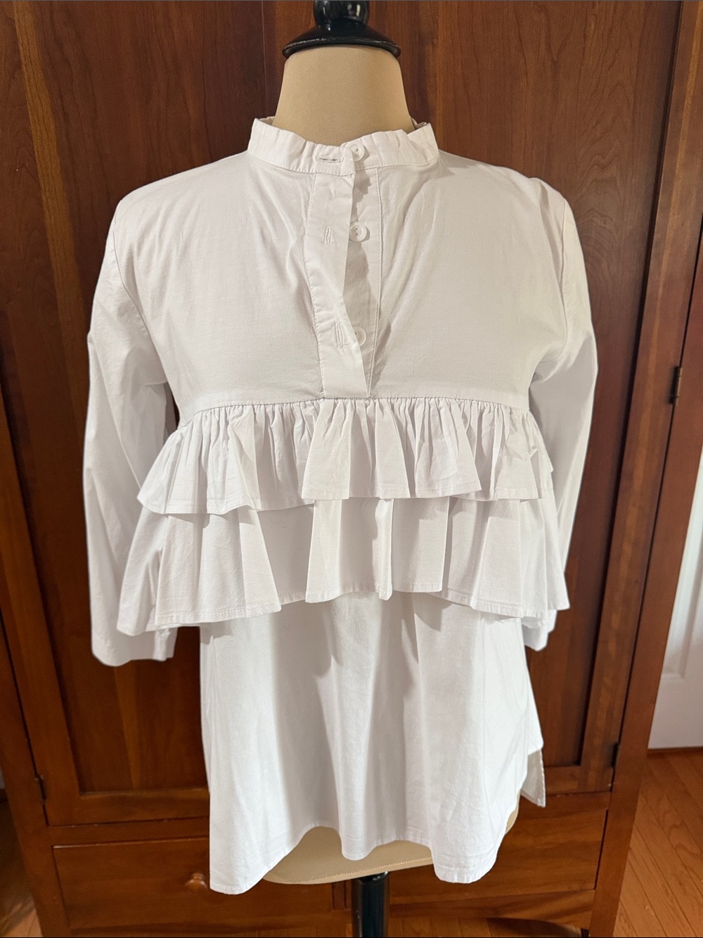 White Ruffle Front Pullover Blouse